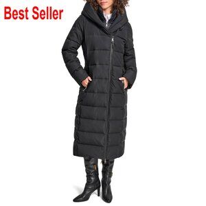 Maxi Puffer Coat with Bib and Asymmetrical Zipper Front, Faux Leather Trim